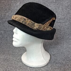 Nettie Young Vintage Cocktail Hat Women Black Velvet Gold Trim 1950s